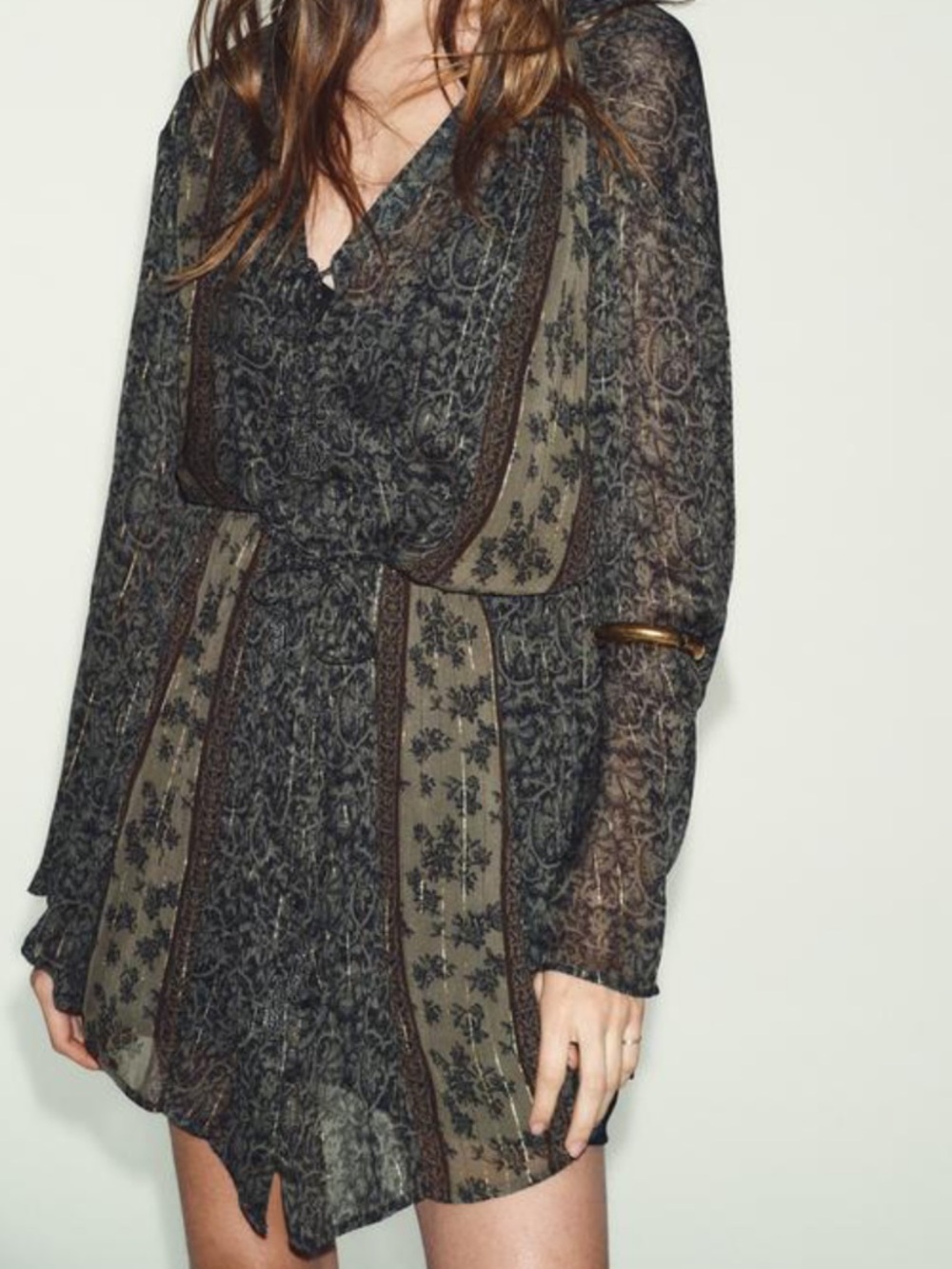 Zara Olive Green and Black Printed Metallic-Thread Mini Dress